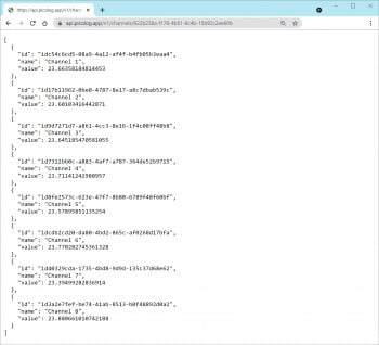 浏览器中的 PicoLog Cloud API 屏幕截图 显示浏览器窗口的屏幕截图,显示 PicoLog Cloud API 的输出数据