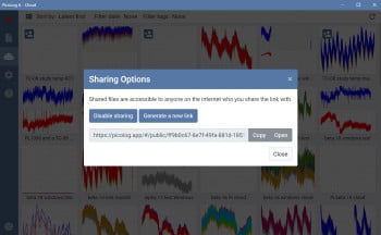 PicoLog Cloud 公共链接分享菜单 此屏幕截图显示了用于在 PicoLog Cloud 中激活公共链接共享的用户菜单