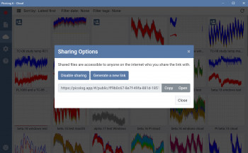 此屏幕截图显示了用于在 PicoLog Cloud 中激活公共链接共享的用户菜单